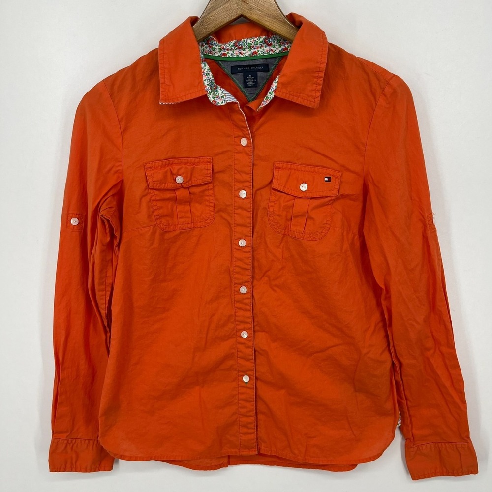 Tommy‎ Hilfiger Long Sleeve Button Shirt Women's M Orange Vtg Y2K Pockets Cotton